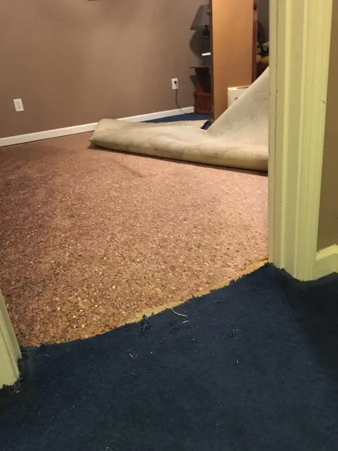 Carpet pad removal revealing water damage during Drying & Dehumidification in Mokena